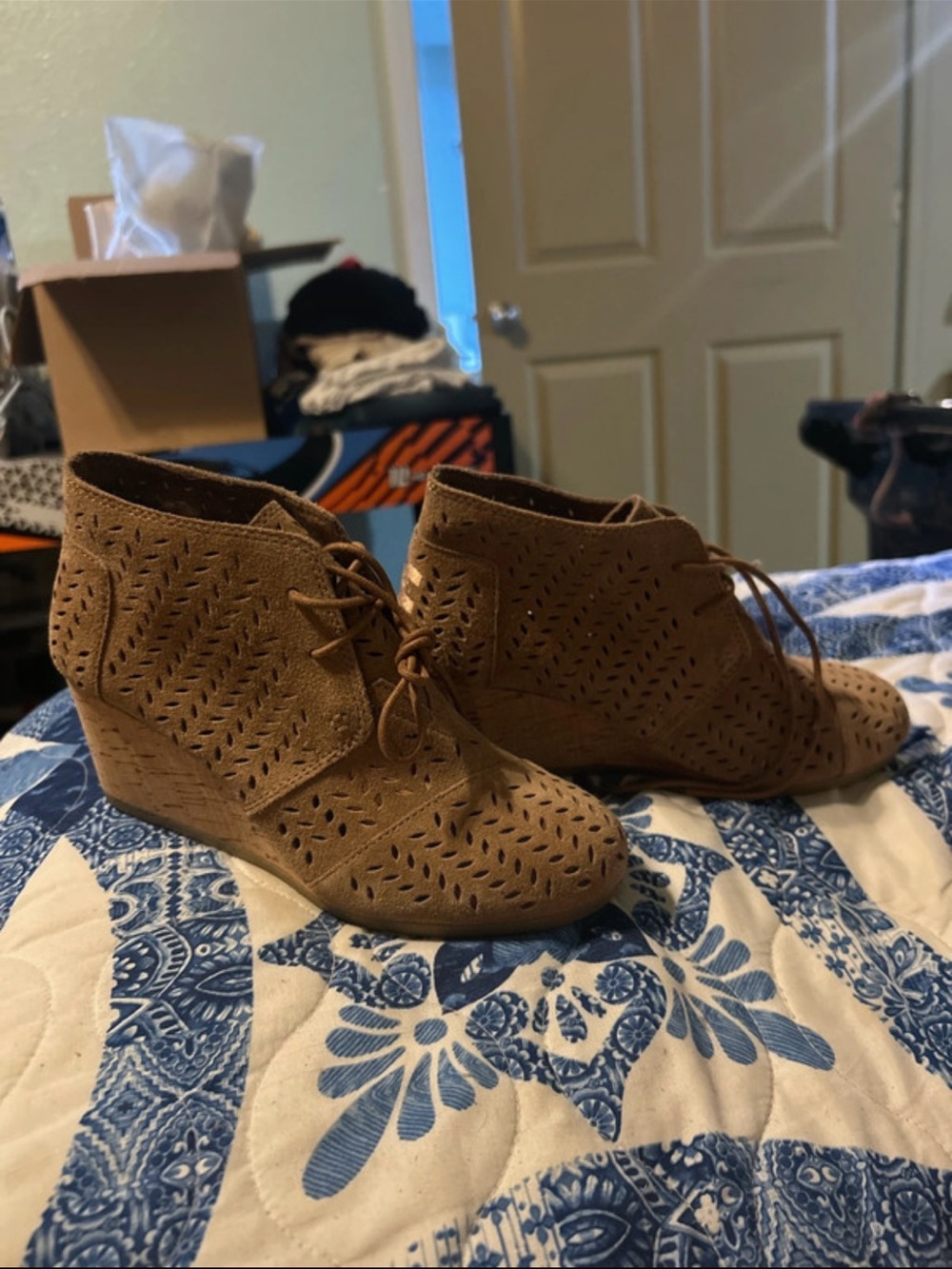 Toms Brown Perforated Lace-Up Wedge Booties